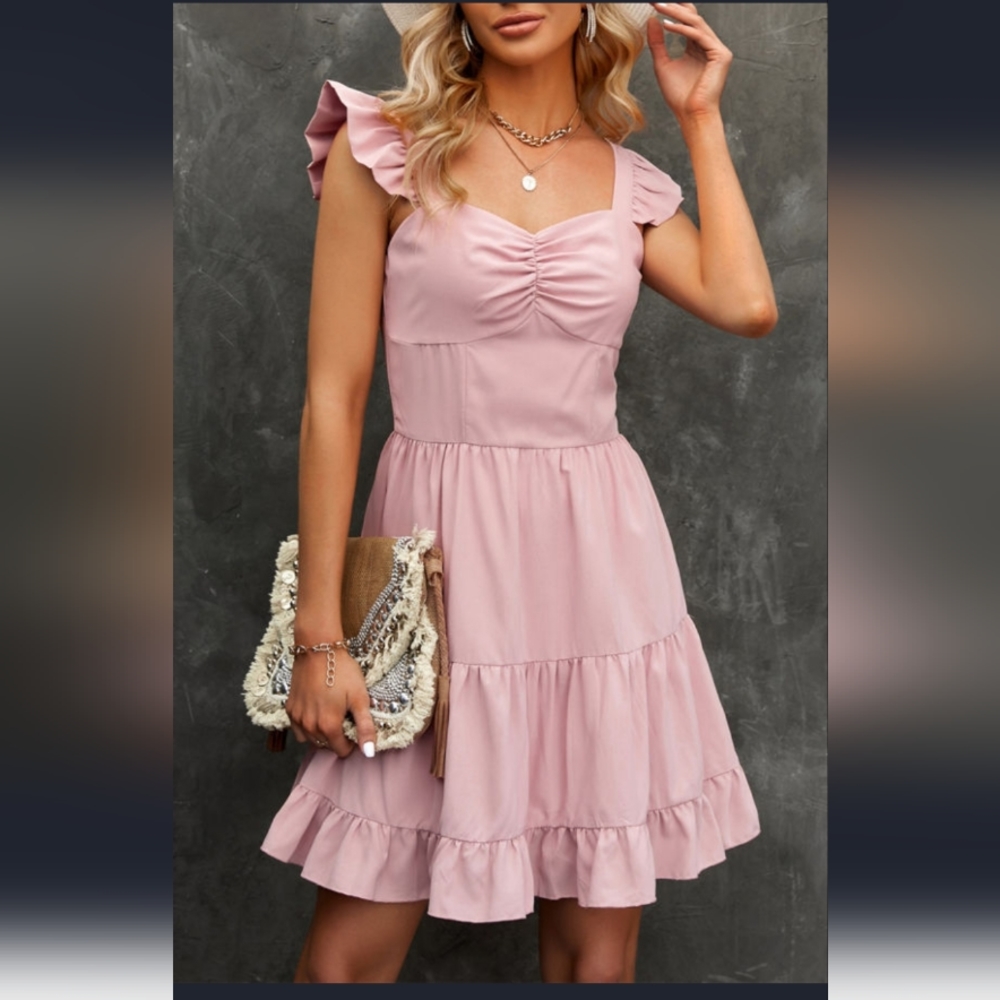 New Flutter Sleeve Hem Ruched Dress